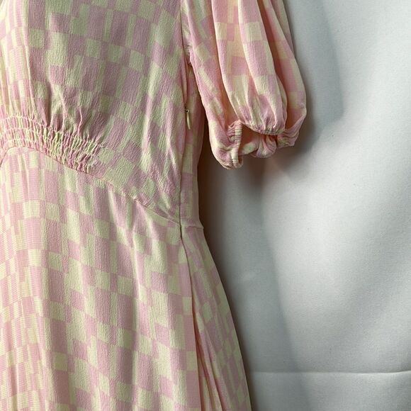 Club Monaco pink and cream check puff sleeve midi dress size 2 - Picture 8 of 12
